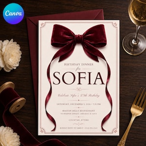Può includere: Un invito a una cena di compleanno color crema per Sofia con un grande fiocco in velluto rosso scuro in alto. Il testo include la data sabato 5 dicembre 2026 alle 19:30, il luogo Maison Belle Restaurant a Chicago e un abbigliamento cocktail.