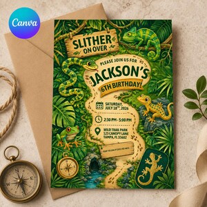 Può includere: Un invito di compleanno a tema giungla con un serpente verde, un camaleonte e una rana. Il testo recita: SLITHER ON OVER, JACKSON'S 6TH BIRTHDAY, SATURDAY JULY 18TH 2026, 2:30 PM - 5:00 PM, WILD TRAIL PARK 123 CANOPY LANE TAMPA FL 33602.