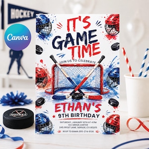 May include: A hockey-themed birthday party invitation with the text "It's Game Time" in red and blue. The design includes hockey sticks, a net, helmets, and pucks. The invitation is for Ethan's 9th birthday.