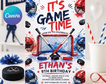 Ice Hockey Birthday Invitation Template, Its Game Time Hockey Stadium Party Invite Boy, Editable Neon Hockey Canva Instant Download