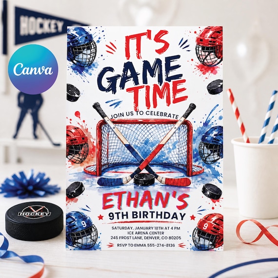 Ice Hockey Birthday Invitation Template, Its Game Time Hockey Stadium Party Invite Boy, Editable Neon Hockey Canva Instant Download
