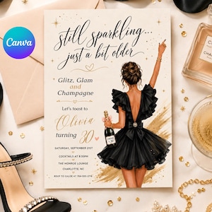 Op de afbeelding: Een uitnodiging voor een verjaardag met de tekst "Still sparkling... just a bit older" en "Glitz, Glam and Champagne". De uitnodiging toont een illustratie van een vrouw in een zwarte jurk die een champagnefles vasthoudt. De uitnodiging is voor Olivia's 30e verjaardag.