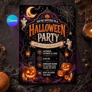 May include: A Halloween party invitation card featuring a crescent moon, spiderwebs, ghosts, and jack-o'-lanterns. The text reads: YOU'RE INVITED TO A HALLOWEEN PARTY, Spells, sweets & spooky treats await!, SATURDAY, OCTOBER 25, 2026, 6:30 PM, MOONLIGHT MANOR.