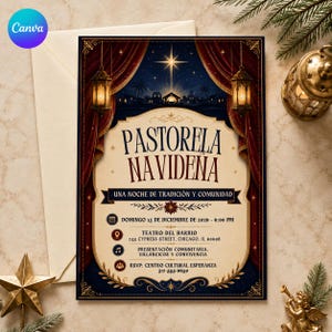 May include: A rectangular invitation card titled Pastorela Navidena with a dark blue and red curtain border, a central star, and a nativity scene. The text includes event details for December 13, 2026, at Teatro del Barrio, 245 Cypress Street, Chicago.