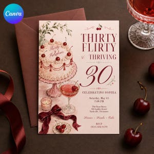 May include: A birthday invitation card featuring a watercolour illustration of a cake, a cocktail, and cherries. The text reads: THIRTY FLIRTY & THRIVING, 30, CELEBRATING SOPHIA, Saturday, May 15, 7:00 PM, The Rose Room, 88 Garden Street, Nashville, Tennessee.