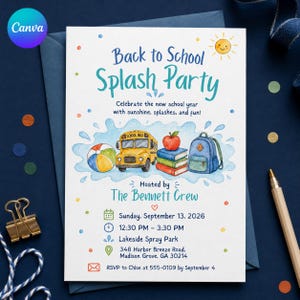 Peut inclure: Une carte d'invitation blanche intitulée Back to School Splash Party avec des illustrations à l'aquarelle d'un bus scolaire jaune, une pomme rouge, des livres et un sac à dos bleu. Elle indique les détails de l'événement du 13 septembre 2026.