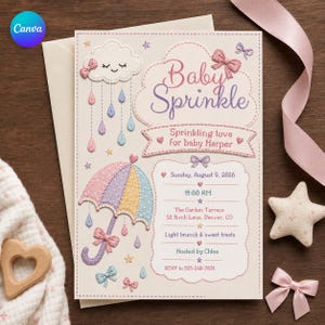 May include: A cream-colored invitation card for a baby sprinkle featuring embroidered-style graphics of a cloud, a polka-dot umbrella, bows, and stars. The text reads: Baby Sprinkle, Sprinkling love for baby Harper, Sunday, August 9, 2026, 11:00 AM, The Garden Terrace, 52 Birch Lane, Denver, CO, Light brunch & sweet treats, Hosted by Chloe, RSVP to 555-248-7831.