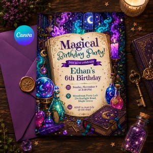 Könnte beinhalten: Eine Einladung zu einer Geburtstagsparty mit Fantasy-Thema mit dem Text "Magical Birthday Party!" und "Ethan's 6th Birthday." Das Design zeigt Zaubertränke, eine Kristallkugel und einen lila Umschlag mit Wachssiegel.