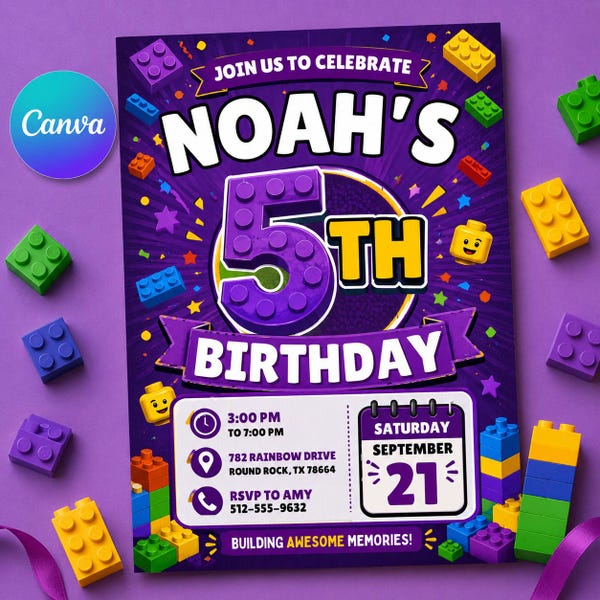 Editable Building Blocks Birthday Invitation, Purple Brick Party Canva Template, Kids 5th Birthday Invite