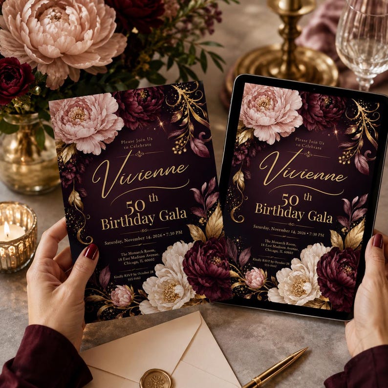 Puede incluir: Una tarjeta de invitaci&oacute;n rectangular y una pantalla de tableta que muestra un dise&ntilde;o para la gala del 50 cumplea&ntilde;os de Vivienne. El fondo morado oscuro presenta detalles florales dorados y grandes peon&iacute;as rosas y rojas con los datos del evento.