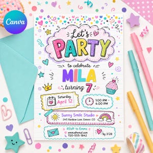 Könnte beinhalten: Eine farbenfrohe Geburtstagseinladung mit dem Text "Let's PARTY" in Buchstabenblasen. Die Einladung ist für Milas 7. Geburtstag, mit dem Datum 12. April und der Uhrzeit von 13:00 bis 16:00 Uhr. Das Design umfasst Herzen, Sterne und einen Cupcake.