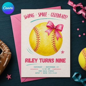 May include: A rectangular invitation card featuring a yellow softball with red stitching and a pink bow. The text reads: SWING - SMILE - CELEBRATE! RILEY TURNS NINE. SATURDAY SEPTEMBER 19 3:30 PM THE BALL FIELD RSVP KATE 555-0129. The card is on a pink envelope.