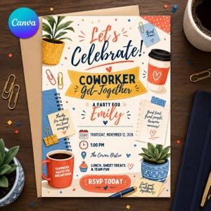 Op de afbeelding: Een kleurrijke uitnodigingskaart voor een collega-bijeenkomst voor Emily op donderdag 12 november 2026 in The Corner Bistro. Het ontwerp bevat illustraties van potplanten, koffiebekers, paperclips en notities met handgeschreven tekst.