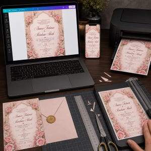 May include: A laptop, smartphone, and printer displaying a pink wedding invitation with floral borders and the text Amna Fatima & Ibrahim Shah. Includes a matching envelope with a gold wax seal, a metal ruler, and scissors on a cutting mat.