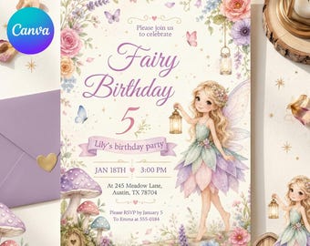 Peut inclure: Une invitation d'anniversaire sur le thème des fées avec un design à l'aquarelle. L'invitation présente une illustration de fée, des motifs floraux et le texte "Fairy Birthday 5". Comprend les détails de la fête : date, heure et lieu.