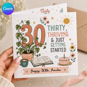 May include: A square greeting card featuring the text Thirty, Thriving & Just Getting Started and Happy 30th. Amelia. The design includes a large number 30 intertwined with a green leafy plant, a coffee cup, an open book, a cake, and a sun.