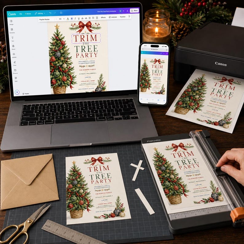 Trim the Tree Christmas Invitation, Ornament Decorating Hot Cocoa Party ...