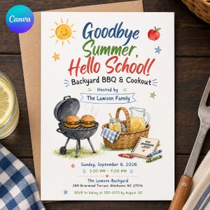 Inbjudan till grillfest i skolan, grillfest i trädgården, adjö sommar picknick, redigerbar Canvas-mall