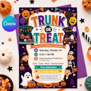 May include: A Trunk or Treat Halloween event flyer featuring colourful text, cartoon characters in costumes, and illustrations of cars with open trunks filled with sweets. The flyer includes event details for Saturday, October 24, from 4:00 to 7:00 PM.