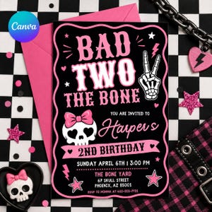 以下が含まれることがあります： 「BAD TWO THE BONE」と「2ND BIRTHDAY」の文字が入った、黒とピンクの誕生日招待状。 招待状には、リボンが付いたドクロ、ピースサインをする骸骨の手、星が含まれています。 ハーパーの誕生日の招待状です。