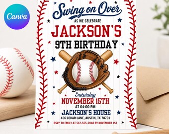 Puede incluir: Invitación de cumpleaños con temática de béisbol con el texto "Swing on Over" y "9º Cumpleaños de Jackson". El diseño incluye una pelota de béisbol, un guante y bates cruzados. La invitación también incluye la fecha, hora y lugar de la fiesta.