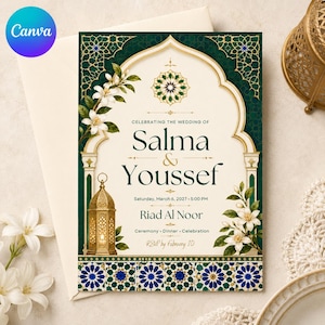 May include: A wedding invitation card featuring a cream-coloured centre with dark green borders, gold arch detailing, and white floral accents. The text reads: Celebrating the wedding of Salma & Youssef, Saturday, March 6, 2027, 5:00 PM, Riad Al Noor.