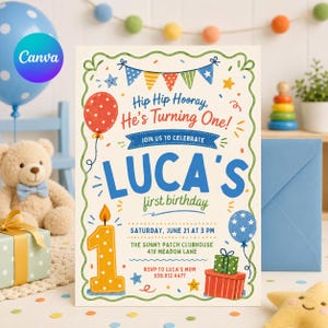 Puede incluir: Una invitación de cumpleaños crema con el texto "Hip Hip Hooray, He's Turning One!" y "LUCA'S first birthday." El diseño incluye un globo rojo, una vela con el número uno y cajas de regalo. La invitación es para un primer cumpleaños.