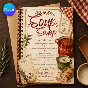 May include: A spiral-bound Soup Swap invitation card featuring red and green illustrations of soup pots, bread, and herbs. The text reads: Soup Swap, Hosted by Nora & friends, Saturday, November 14, 2026, 5:30 PM, Willow & Pine Studio, 206 Rosewood Drive, Linden.