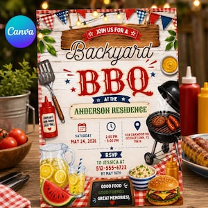 BBQ Birthday Invitation, BBQ Birthday Party ,Barbecue Grill and Chill Invite, BBQ Red Gingham Backyard Party, Editable, Canva