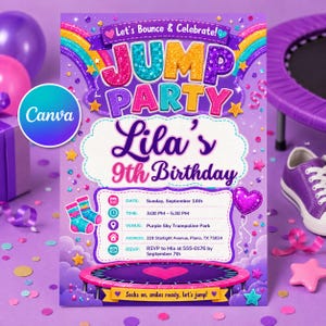 May include: A purple birthday party invitation featuring the text Let's Bounce & Celebrate! JUMP PARTY Lila's 9th Birthday. The design includes a rainbow, stars, a trampoline, and party details for Sunday, September 14th at Purple Sky Trampoline Park.