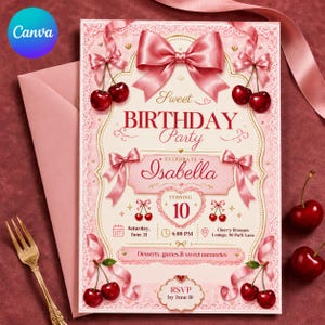 Op de afbeelding: Een rechthoekige uitnodigingskaart voor een verjaardagsfeest in roze en crèmetinten, met een grote satijnen strik, rode kersen en kanten randen. De tekst luidt Sweet BIRTHDAY Party, Celebrate Isabella, Turning 10, Saturday June 21, 6:00 PM, Cherry Blossom Lounge, 90 Park Lane, Desserts, games & sweet memories en RSVP by June 10.