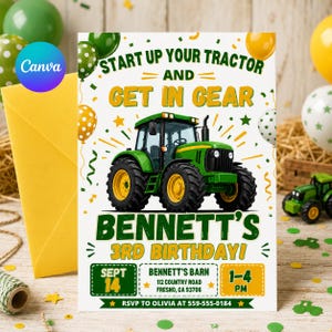 Op de afbeelding: Een verjaardagsuitnodiging met een groene tractor en de tekst "Start Up Your Tractor and Get in Gear". De uitnodiging bevat de tekst "Bennett's 3rd Birthday!" en evenementdetails. Gele en groene ballonnen versieren de achtergrond.