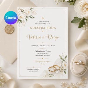 Op de afbeelding: Elegante trouwkaart met bloemaccenten en gouden details. Bevat de namen "Valeria & Diego" en evenementdetails. Inclusief een gouden ringenset en een Canva-logo.