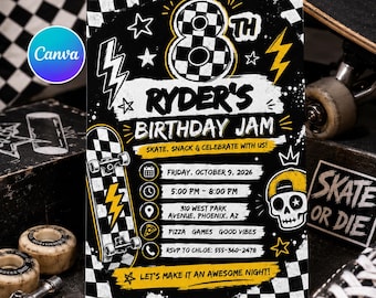 Skateboard Birthday Invitation, Checkered Skater Boy Invite Editable Canva Template