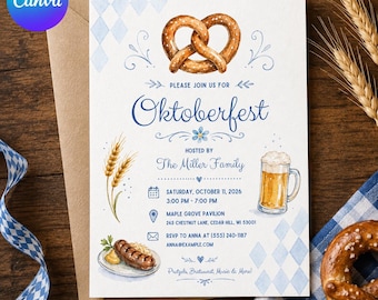 Oktoberfest Invitation, Editable Bavarian Beer Party Invite, Pretzel Bratwurst Fall Celebration, Canva Template