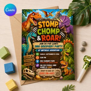 Inbjudan till dinosauriefödelsedag, Stomp Chomp Roar 6-årsfest, färgglad T Rex-djungelinbjudan, redigerbar Canvas-mall