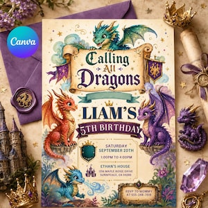 Op de afbeelding: Een verjaardagsuitnodiging met fantasiethema met de tekst "Calling All Dragons" en "Liam's 5th Birthday". Het ontwerp toont kleurrijke draken, een kasteel en bloemaccenten. De uitnodiging bevat evenementdetails.