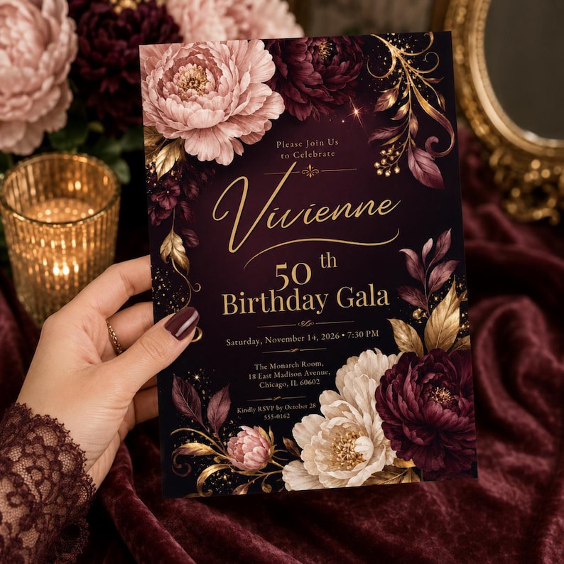 Puede incluir: Una tarjeta de invitaci&oacute;n rectangular con fondo oscuro, detalles florales dorados y grandes peon&iacute;as rosas, blancas y burdeos. El texto dice: Please Join Us to Celebrate Vivienne 50th Birthday Gala, Saturday, November 14, 2026, 7:30 PM.