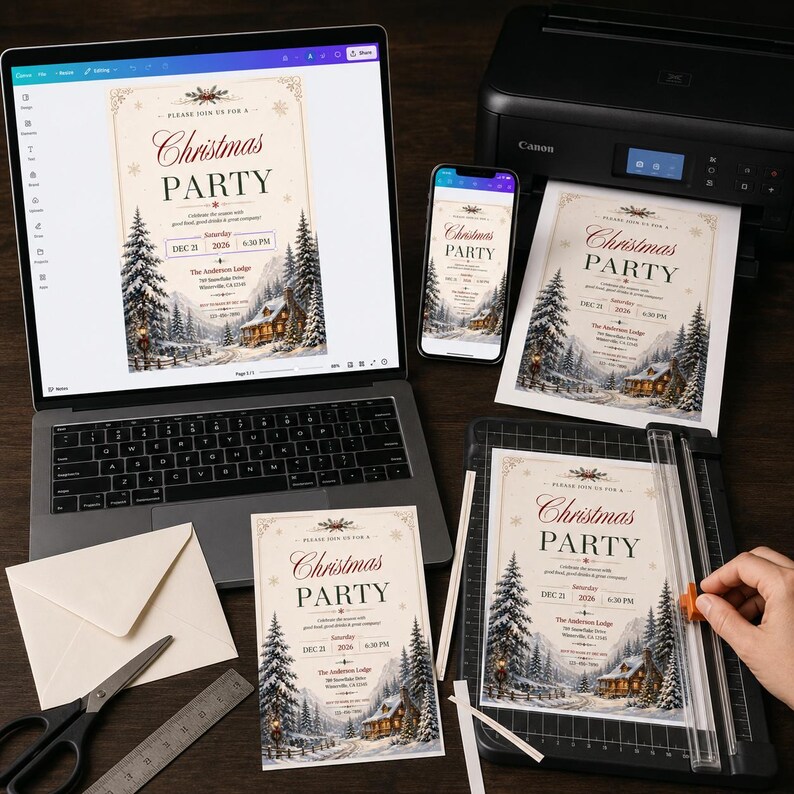 May include: A laptop, smartphone, and printer displaying a Christmas party invitation template featuring a snowy cabin, pine trees, and text reading Please join us for a Christmas Party, Saturday Dec 21 2026, 6:30 PM, The Anderson Lodge.