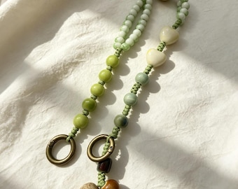 Cottagecore Charm, Ceramic Phone Wristlet | Matcha Green Beaded Lanyard, Cotton Cord - 14.2 Inch (7.1 Folded)