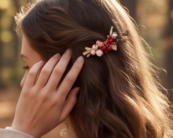 Rustic Fall Wedding Hair Clip Gold Branch Red Berry Barrette, Bridesmaid Proposal Gift Box, Autumn Family Photoshoot Accessory