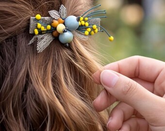 Cottagecore Ceramic Bead Hair Clip, Handmade Fabric Alligator Clip. Fairycore Botanical Hairpiece, Unique Artisan Accessory