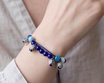 Adjustable Blue Ceramic Floral Bracelet Cottagecore Fairycore Jewelry, Macrame Friendship Gift, Botanical Nature Inspired Wristband