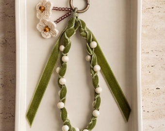 Cottagecore Velvet Phone Wristlet, Ceramic Boho Floral Bag Charm & Keychain