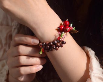 Christmas Holly Berry Bracelet ,Thanksgiving Gift for Her, Red Ceramic Bead Jewelry Winter Holiday Stocking Stuffer Best Friend
