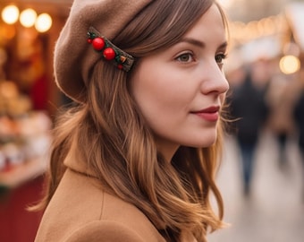 Christmas Red Berry Hair Clip Gift for Her, Handmade Ceramic Holiday Hair Accessory, Heritage Craft Tweed Alligator Clip Box