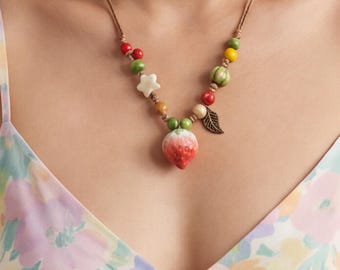 Ceramic Beaded Strawberry Star, Boho Hippie Whimsical, Adjustable Rope Cord Choker