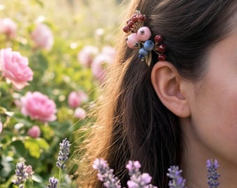 Pinza para el cabello de cerámica con diseño de frutos rojos estilo vintage - Pasador botánico romántico de estilo cottagecore