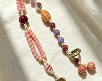 Pink Ceramic Phone Charm & Bag Pendant, Vintage Beaded Wristlet, Warm Aesthetic