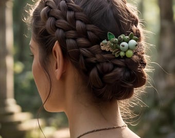 Pinza para el cabello élfica - Cuentas de cerámica botánica, accesorio de hada de feria renacentista verde bosque